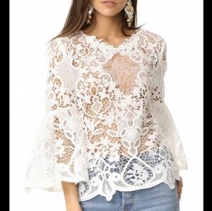 KOBI HALPERIN White Embroidered Guipure Lace Blouse Lantern Sleeve EUC M